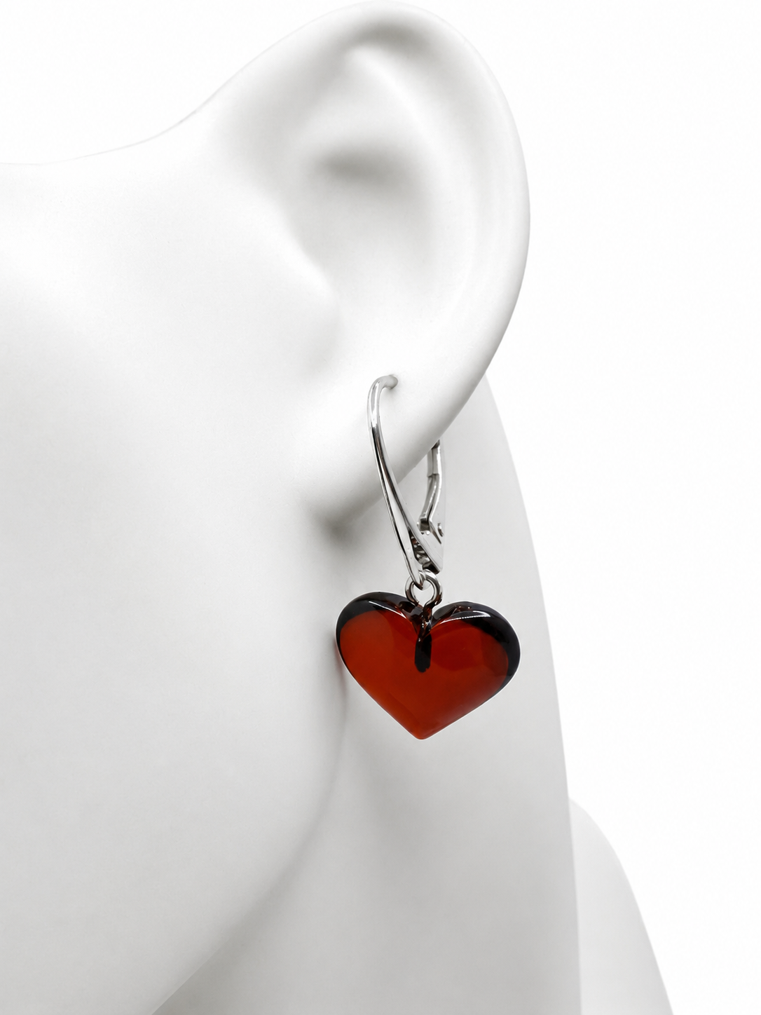 Cherry Baltic Amber Heart Leverback Earrings