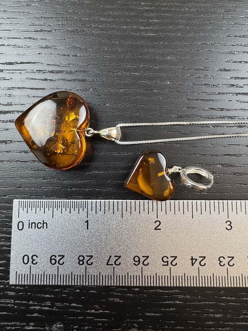 Genuine Baltic Amber Heart Jewelry Set - Honey Cognac Amber & Sterling Silver