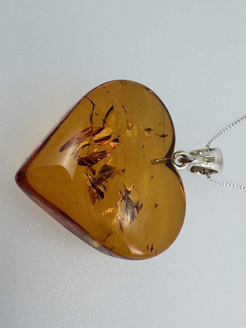 Genuine Baltic Amber Heart Jewelry Set - Honey Cognac Amber & Sterling Silver