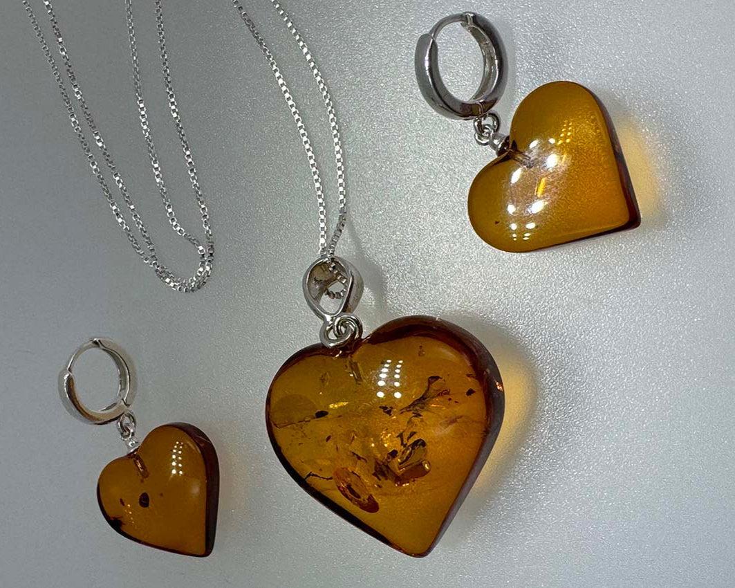 Genuine Baltic Amber Heart Jewelry Set - Honey Cognac Amber & Sterling Silver