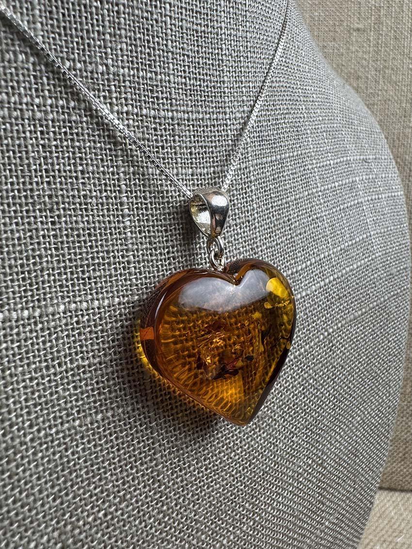 Genuine Baltic Amber Heart Jewelry Set - Honey Cognac Amber & Sterling Silver