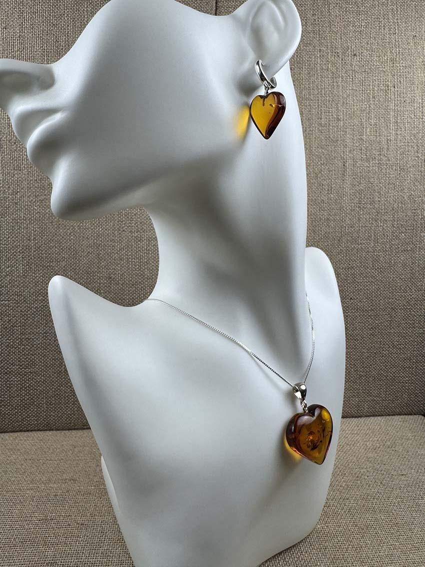 Genuine Baltic Amber Heart Jewelry Set - Honey Cognac Amber & Sterling Silver