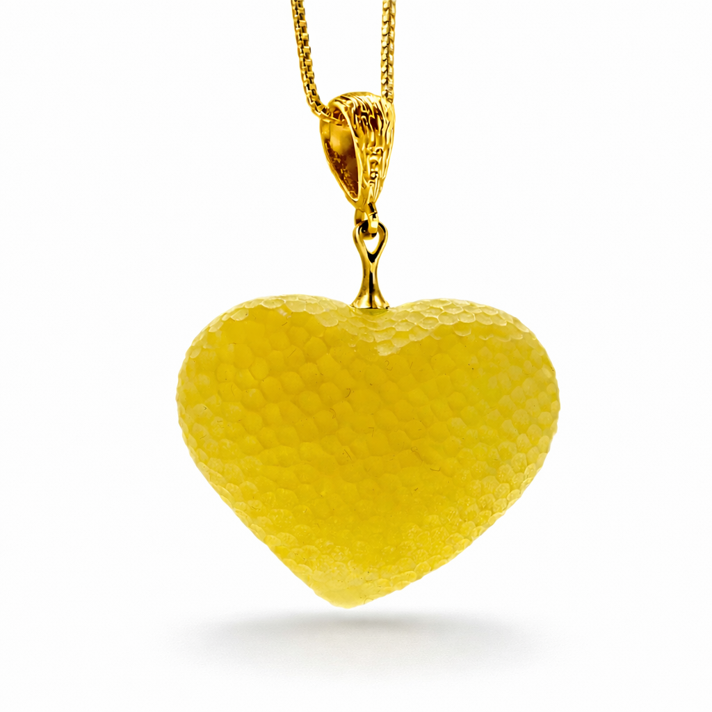 Genuine Baltic Amber Heart Necklace, Butterscotch Yellow Amber, Gold Plated Bead Chain, Matte Snake Skin Texture, Unique Statement Necklace, 19”