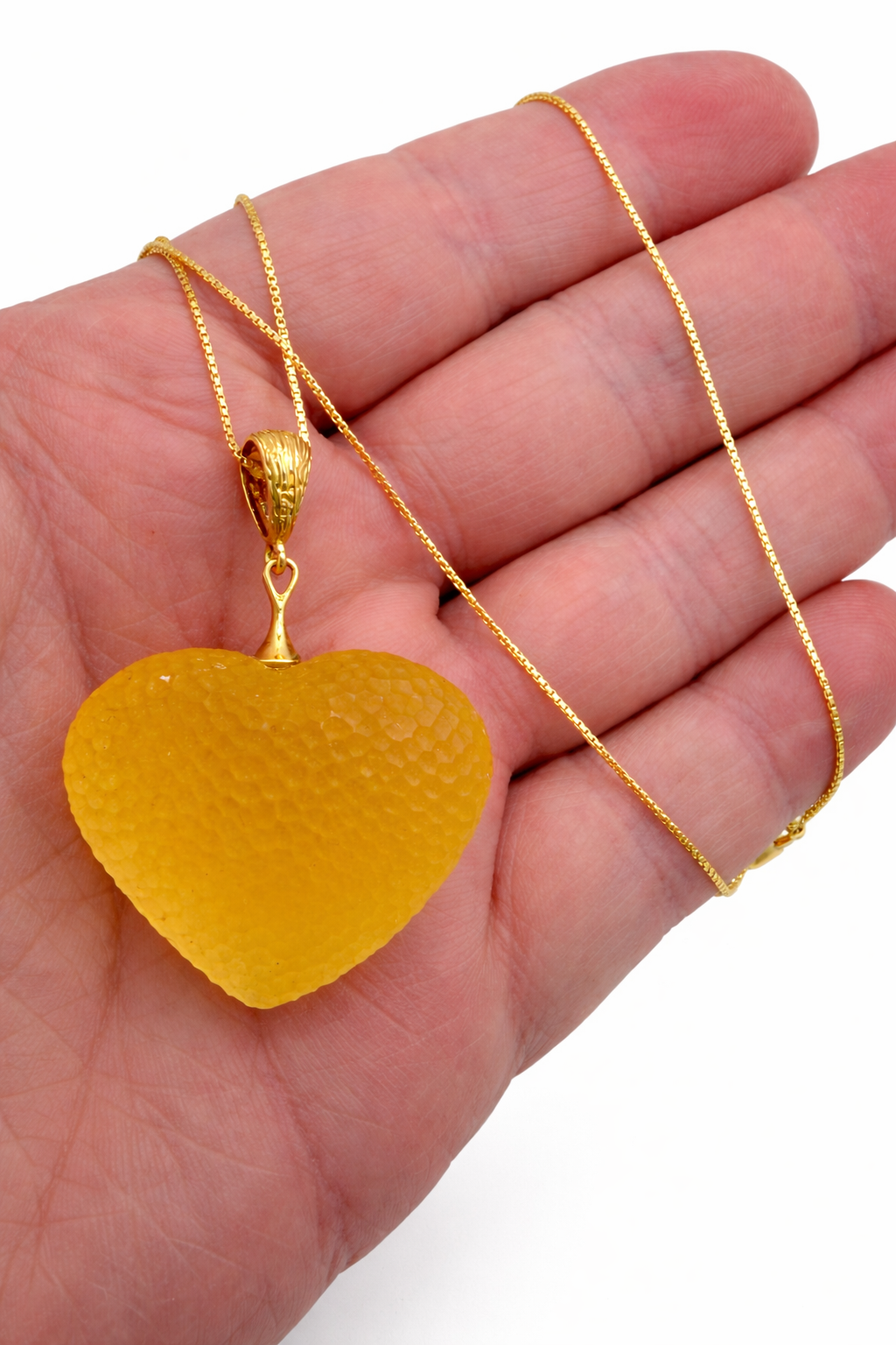 Genuine Baltic Amber Heart Necklace, Butterscotch Yellow Amber, Gold Plated Bead Chain, Matte Snake Skin Texture, Unique Statement Necklace, 19”