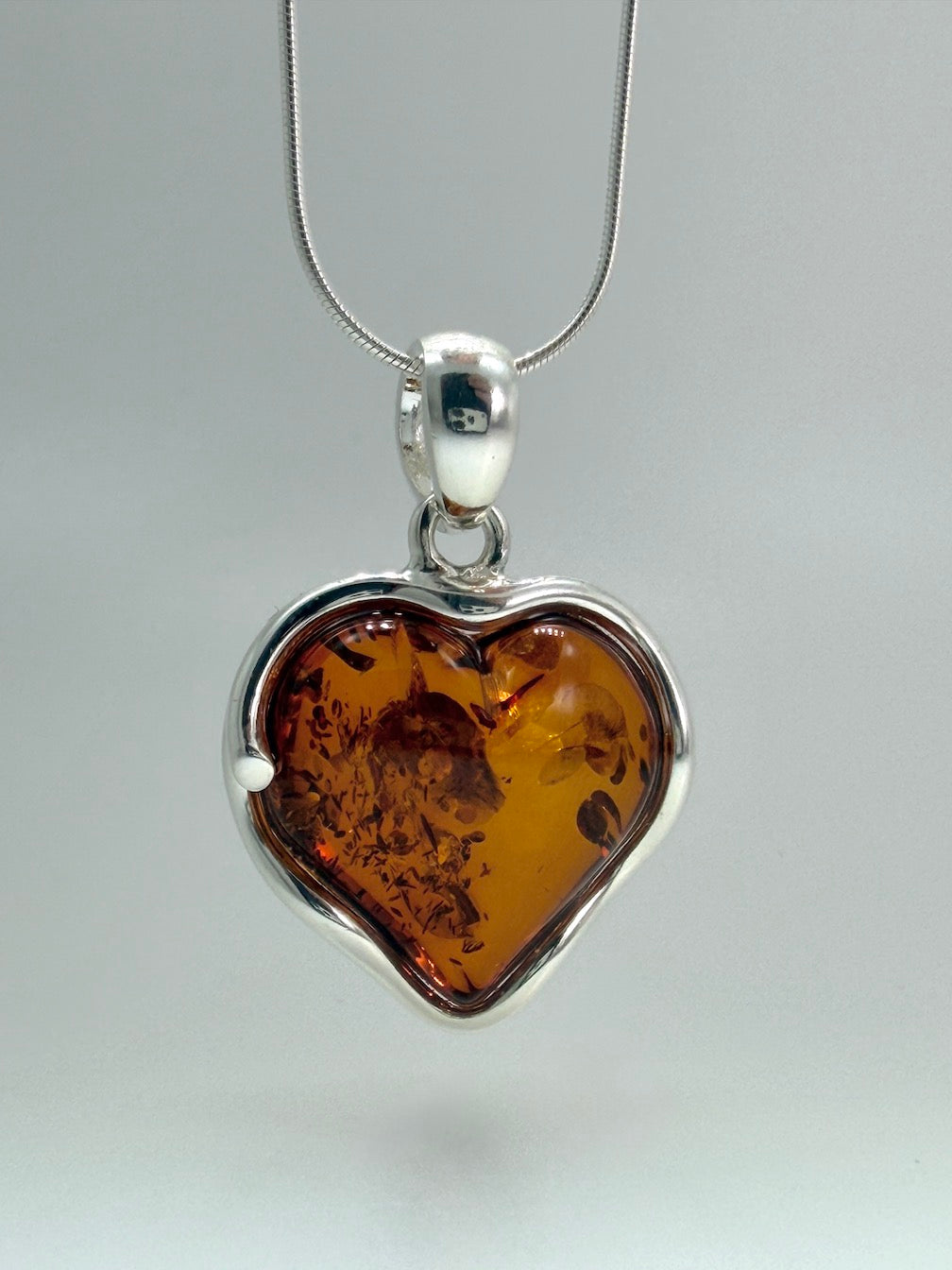Genuine Baltic Amber Honey Heart Pendant in Sterling Silver