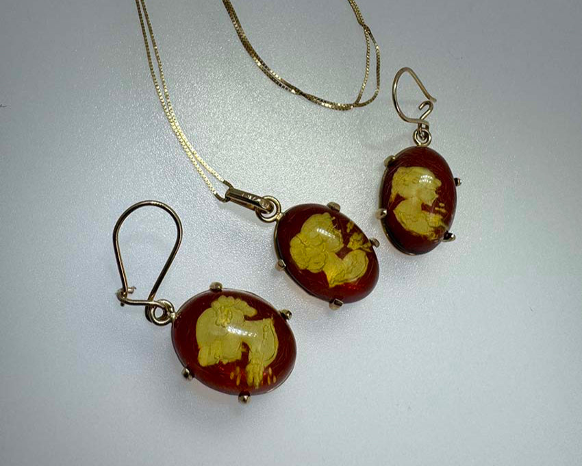 Genuine Baltic Amber Intaglio Cameo Pendant & Earrings Set - Honey Amber in 14K Gold