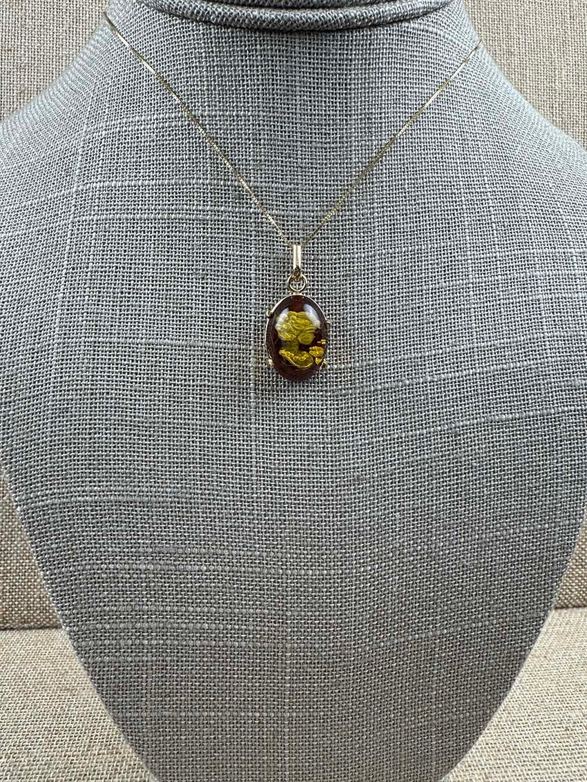 Genuine Baltic Amber Intaglio Cameo Pendant & Earrings Set - Honey Amber in 14K Gold