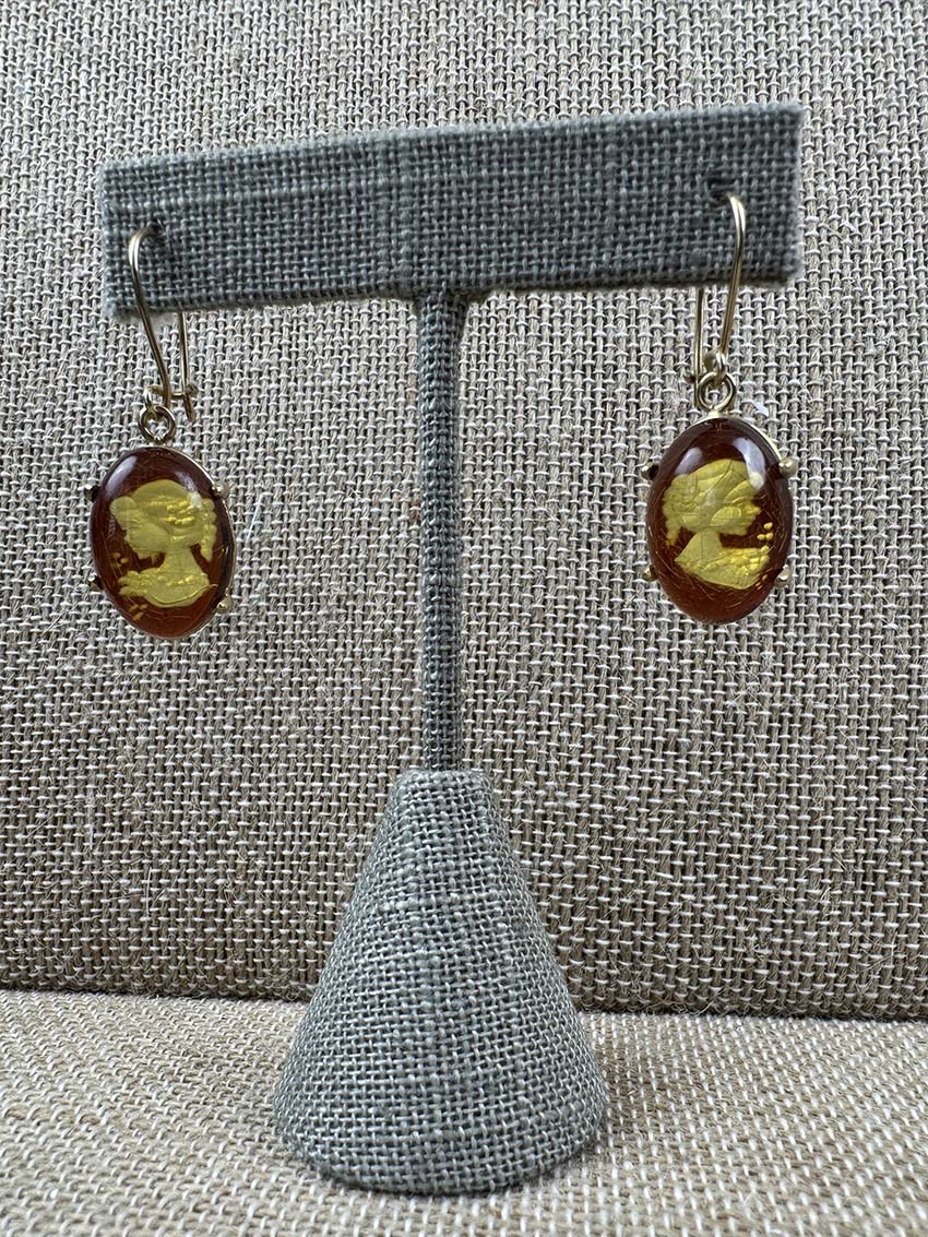 Genuine Baltic Amber Intaglio Cameo Pendant & Earrings Set - Honey Amber in 14K Gold