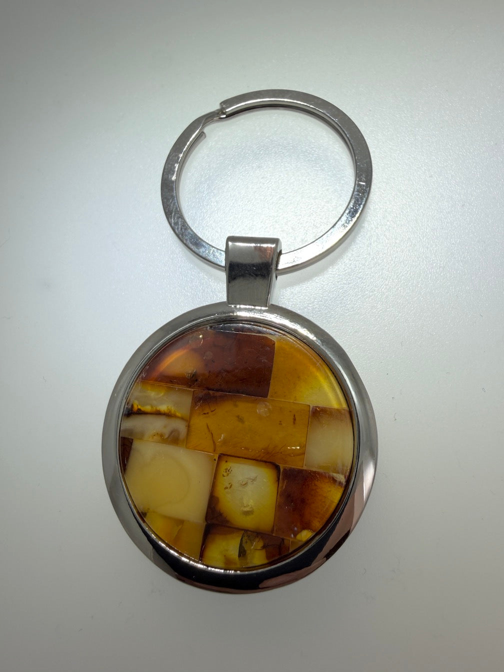 Genuine Baltic Amber Keychain – Mixed Color Amber Mosaic – Stainless Steel Key Ring