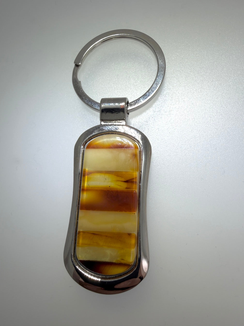 Genuine Baltic Amber Keychain – Mixed Color Amber Mosaic – Stainless Steel Key Ring