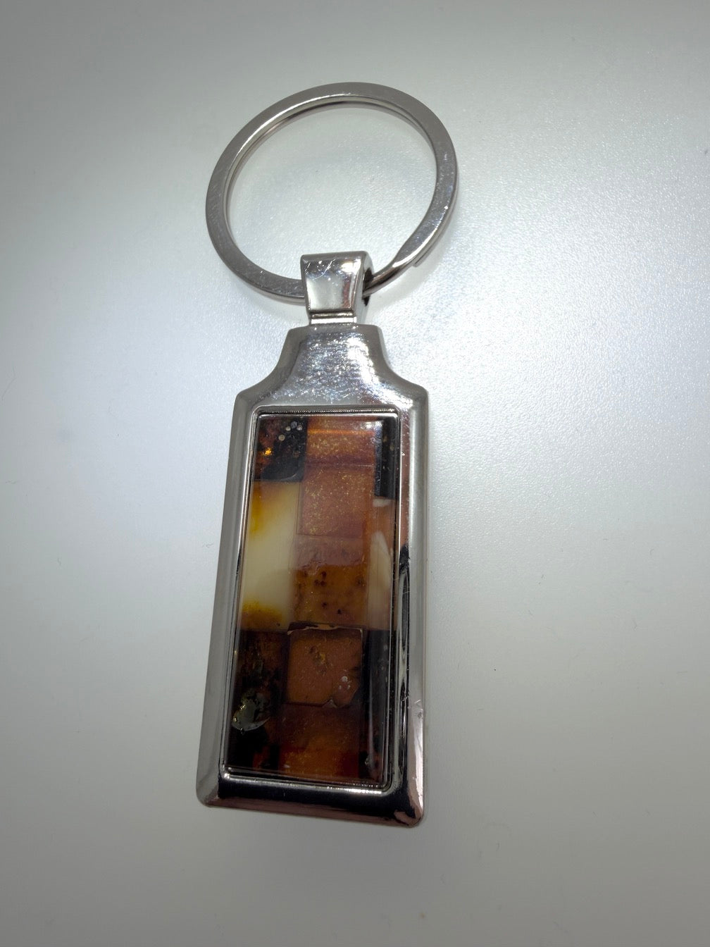 Genuine Baltic Amber Keychain – Mixed Color Amber Mosaic – Stainless Steel Key Ring