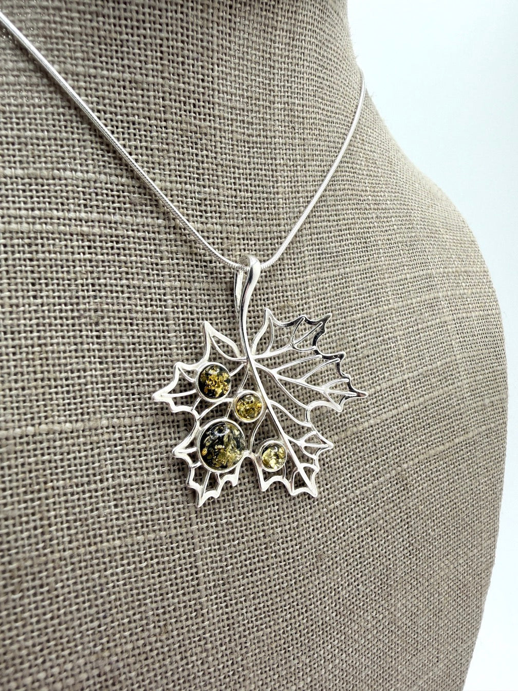 Genuine Baltic Amber Maple Leaf Pendant in 925 Sterling Silver w/ Silver Chain