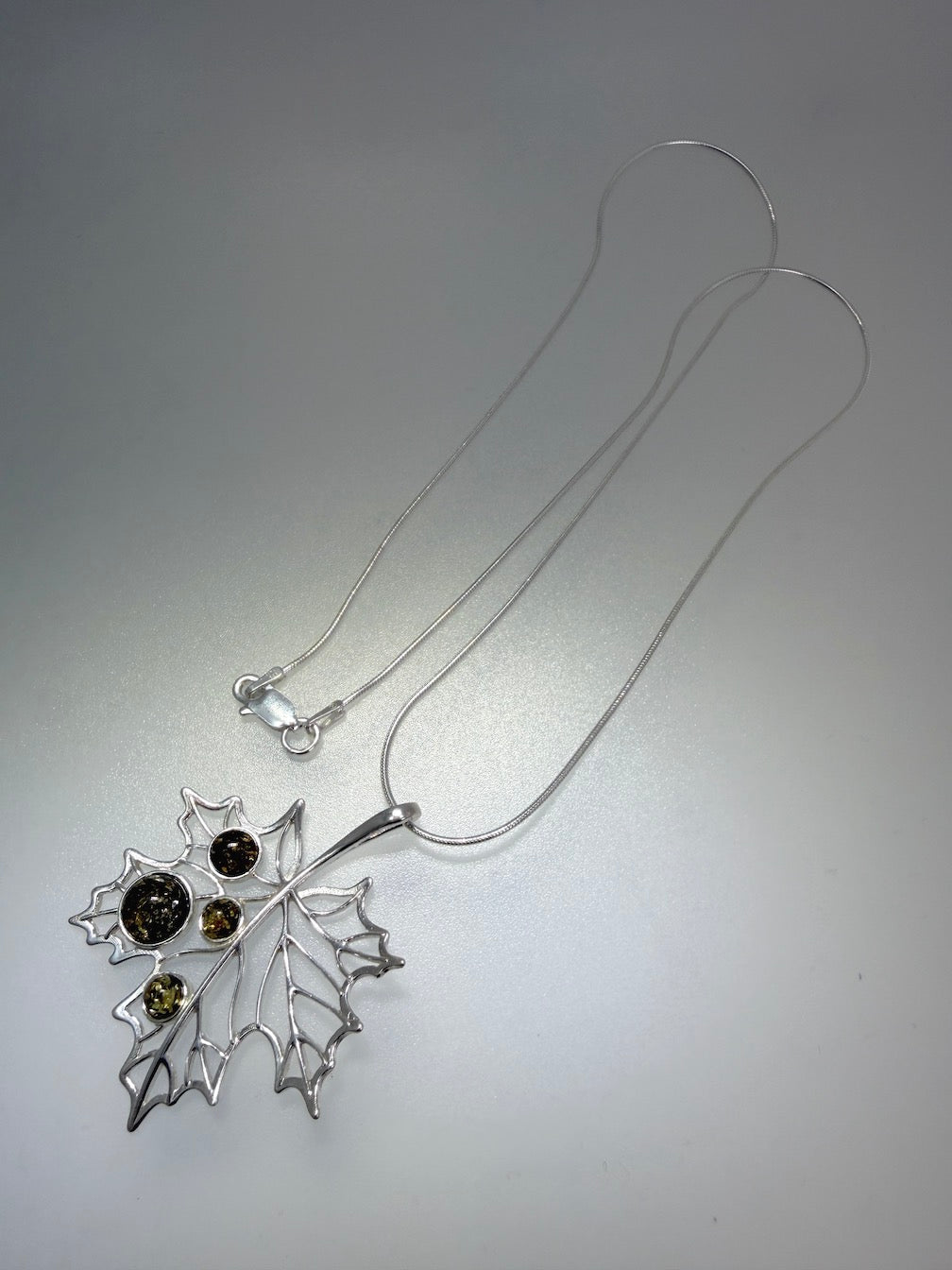 Genuine Baltic Amber Maple Leaf Pendant in 925 Sterling Silver w/ Silver Chain