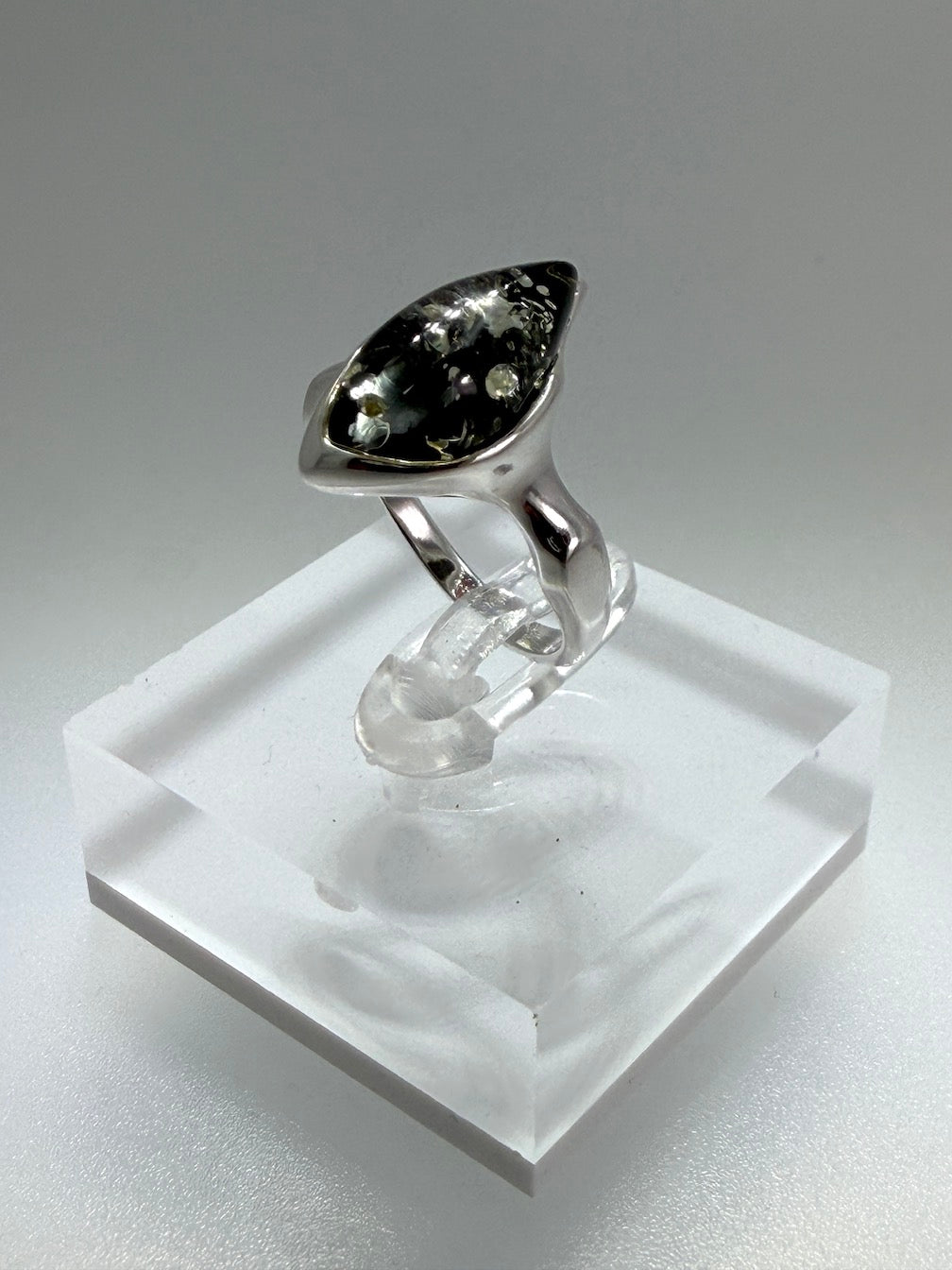 Genuine Baltic Amber Marquise Green Amber Ring in Sterling Silver