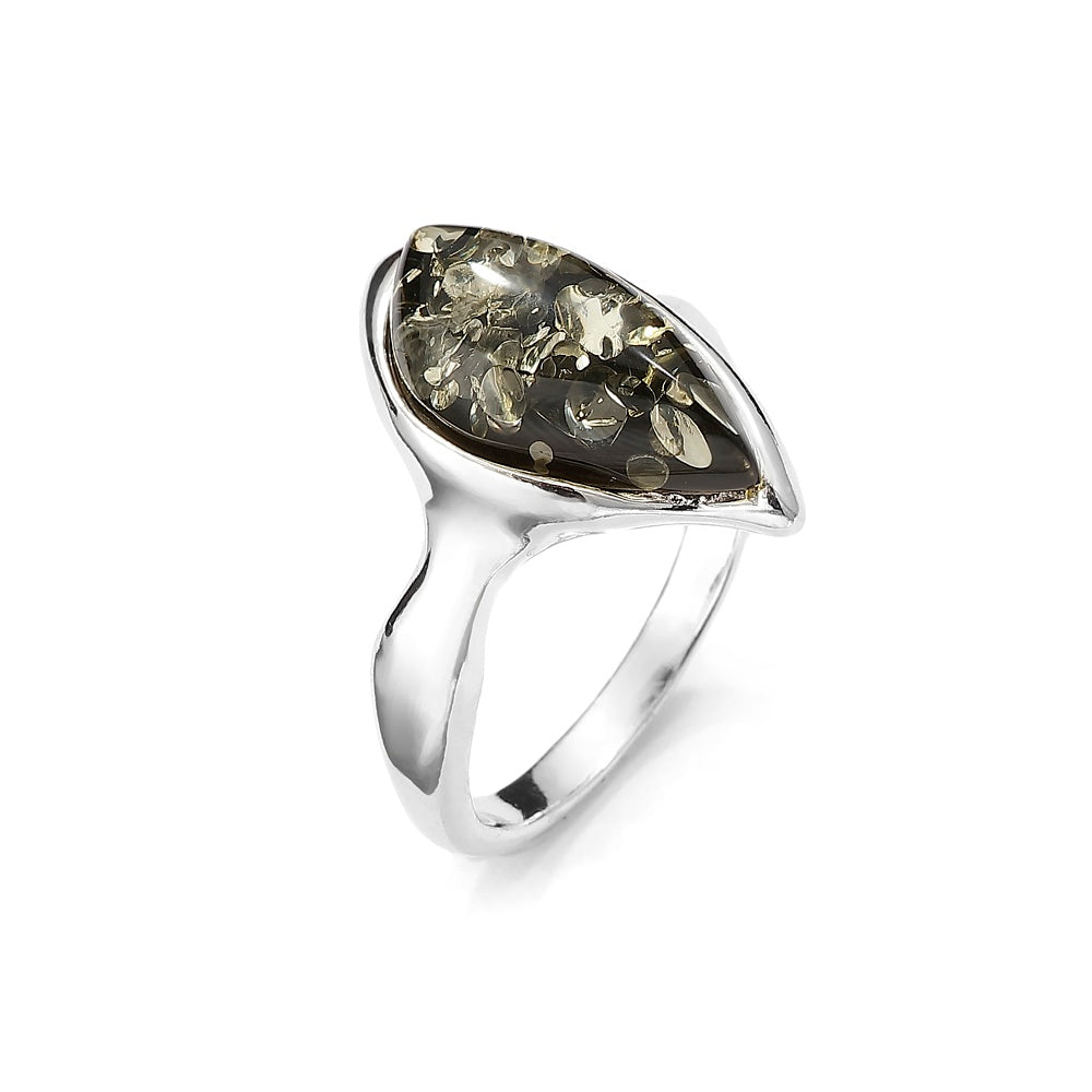 Genuine Baltic Amber Marquise Green Amber Ring in Sterling Silver