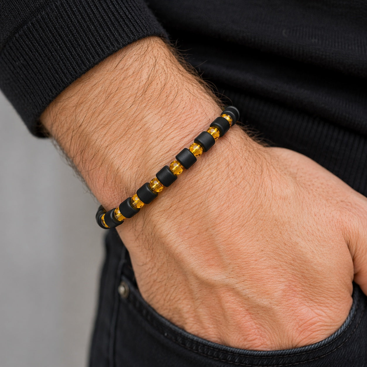 Genuine Baltic Amber Men’s Bracelet, Matte Black Amber Stretch Bracelet, Lemon or Cognac Beads