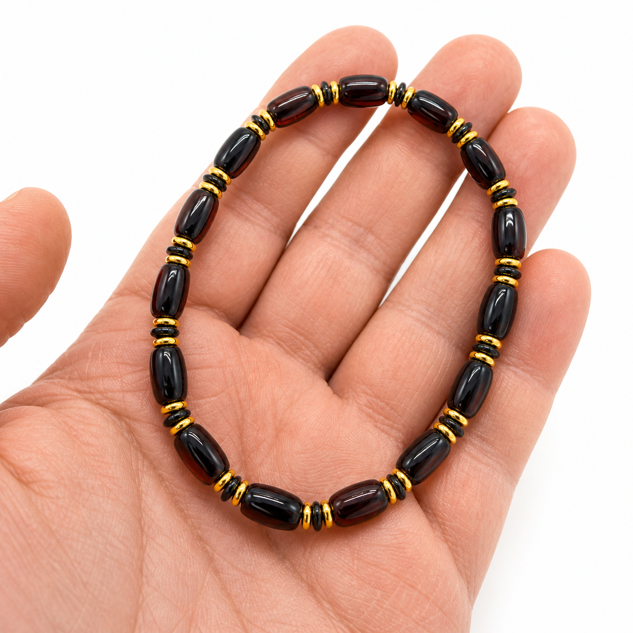 Genuine Baltic Amber Men’s Stretch Bracelet – Smooth Cherry Amber, Two Spacer Options