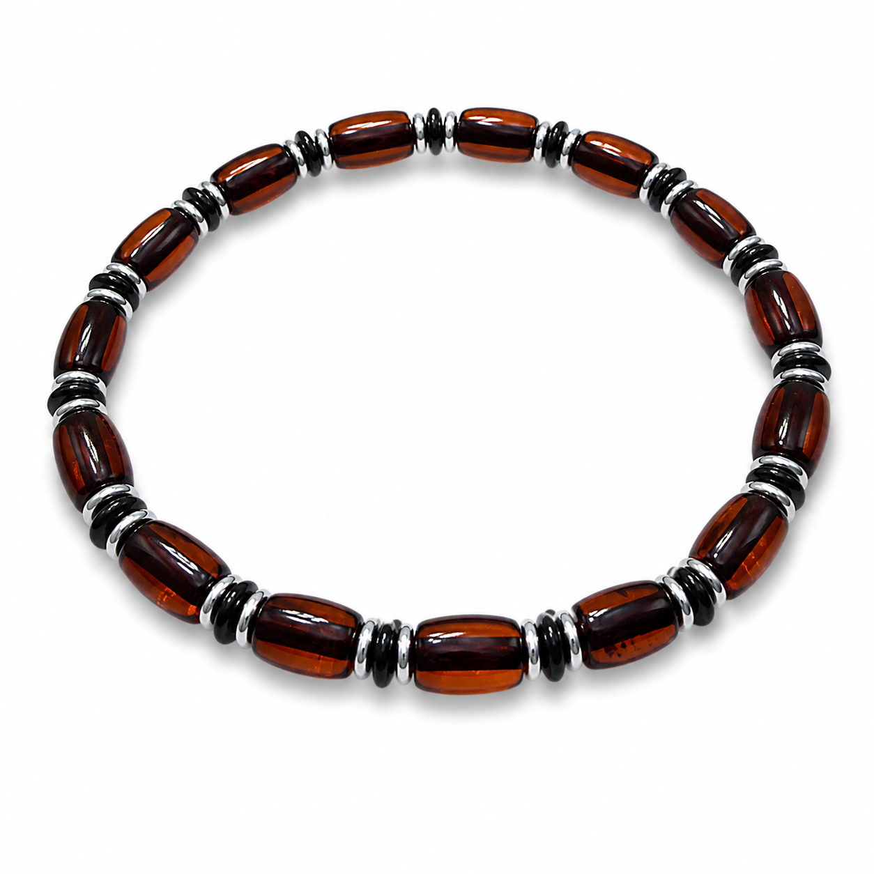 Genuine Baltic Amber Men’s Stretch Bracelet – Smooth Cherry Amber, Two Spacer Options