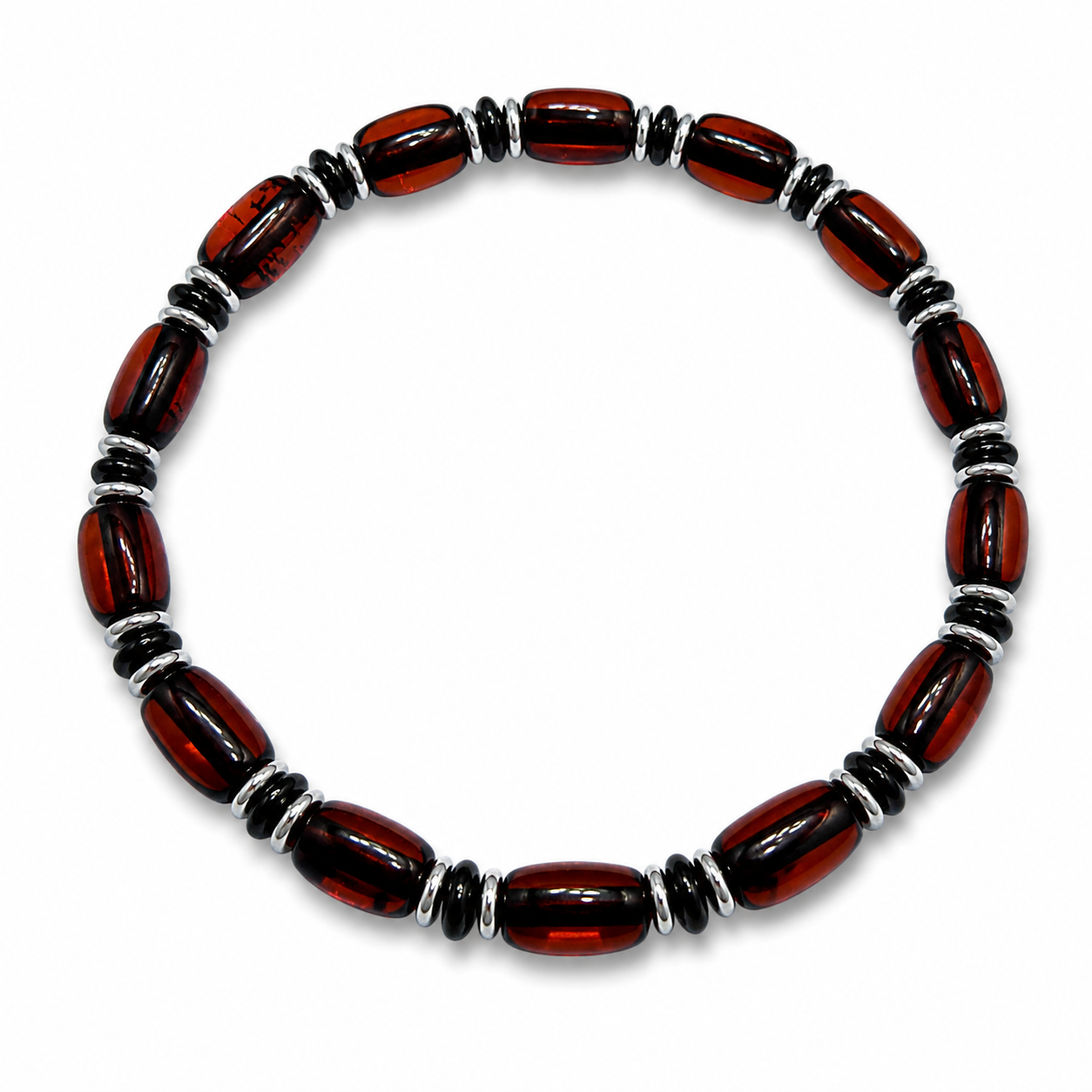 Genuine Baltic Amber Men’s Stretch Bracelet – Smooth Cherry Amber, Two Spacer Options