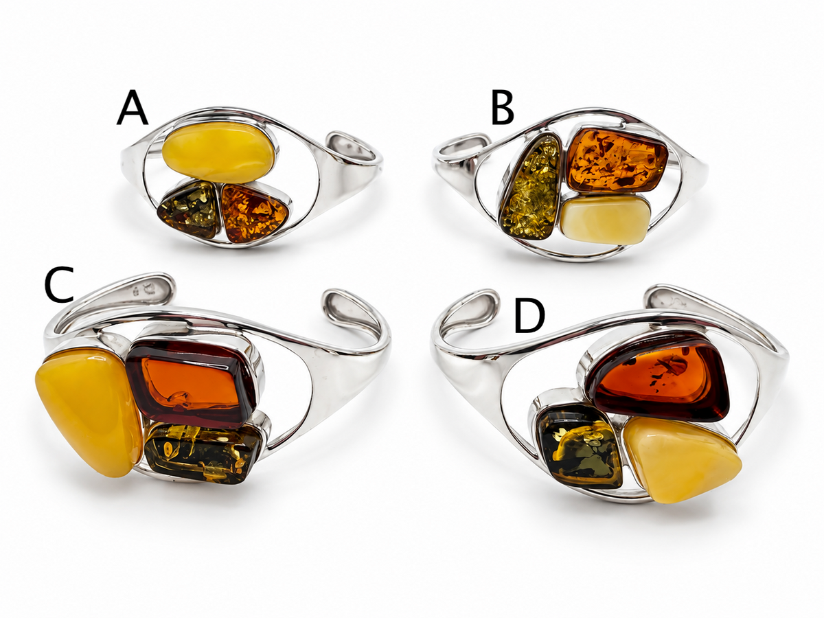Genuine Baltic Amber Multi-Stone Sterling Silver Cuff Bracelet