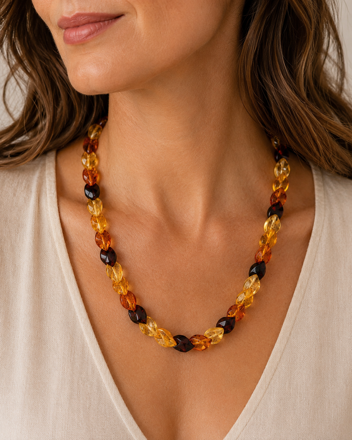 Genuine Baltic Amber Multicolor Faceted Ombre Necklace – Lemon Honey Cognac Cherry Amber Twist Necklace – Unique Baltic Amber Jewelry