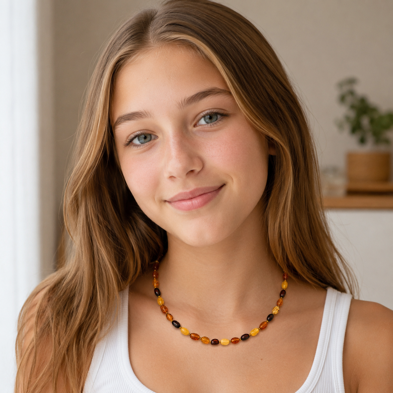 Genuine Baltic Amber Multicolor Teen Necklace – Lightweight Youth Baltic Amber Beaded Necklace for Girls – Honey Cherry Butterscotch Amber
