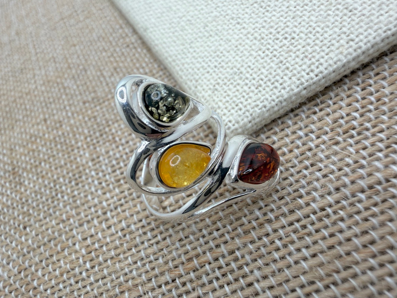 Genuine Baltic Amber Multistone Comfort Fit Design Ring in Sterling Silver