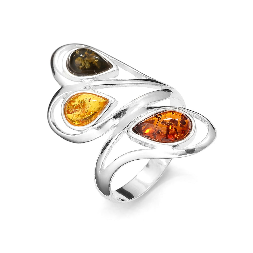 Genuine Baltic Amber Multistone Comfort Fit Design Ring in Sterling Silver