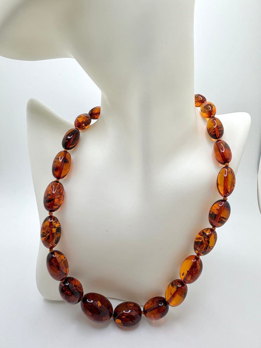 Genuine Baltic Amber Necklace • Cognac Oval Beads • Graduated Strand • Handmade • Secure Screw Clasp