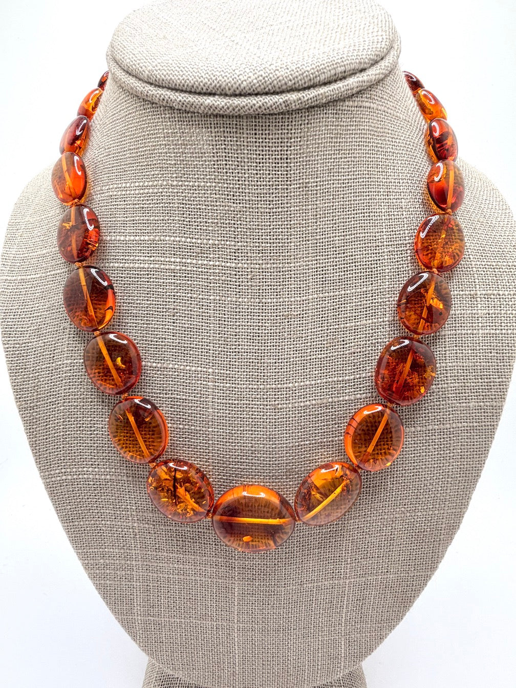 Genuine Baltic Amber Necklace • Cognac Oval Beads • Graduated Strand • Handmade • Sterling Silver Clasp