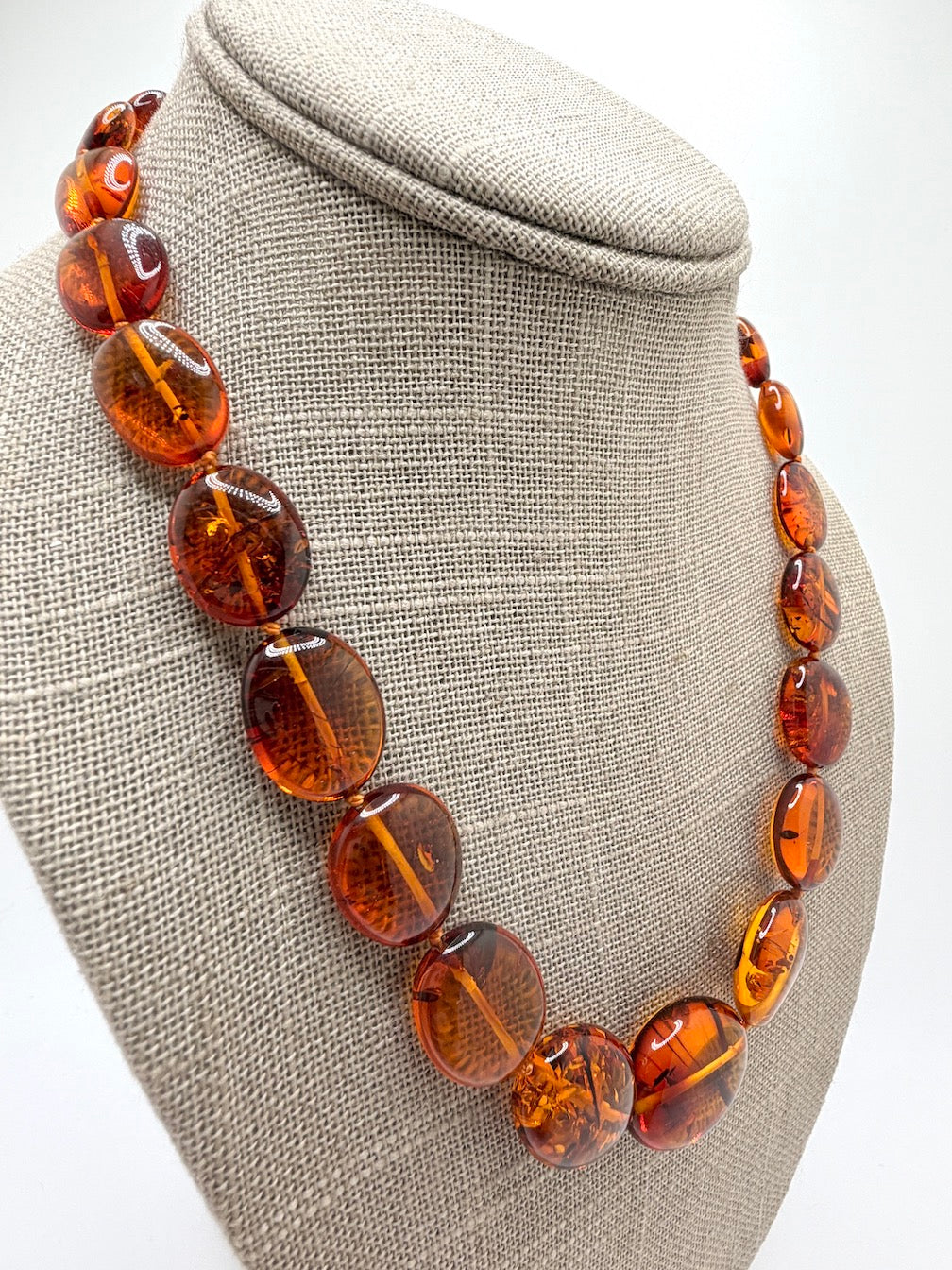 Genuine Baltic Amber Necklace • Cognac Oval Beads • Graduated Strand • Handmade • Sterling Silver Clasp