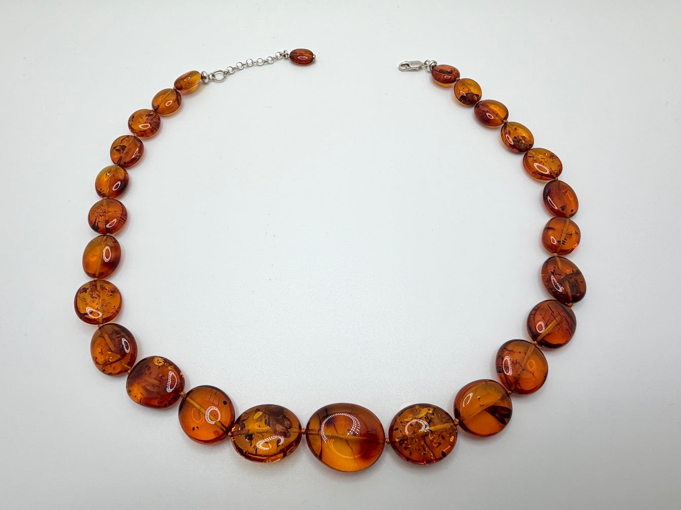 Genuine Baltic Amber Necklace • Cognac Oval Beads • Graduated Strand • Handmade • Sterling Silver Clasp