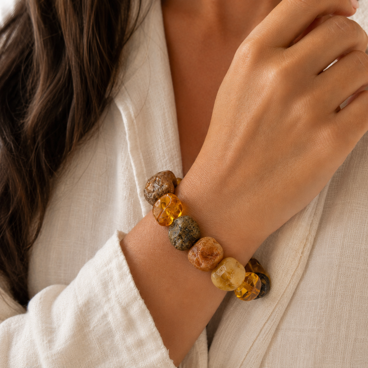 Genuine Baltic Amber Organic Rough & Polished Amber Stretch Bracelet One of a Kind Amber Jewelry Gift for Her