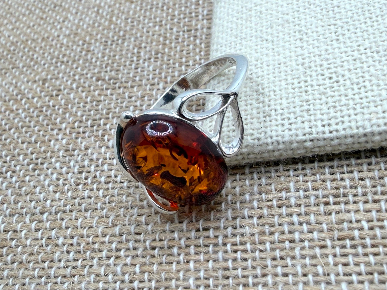 Genuine Baltic Amber Oval Cognac Ring in Sterling Silver