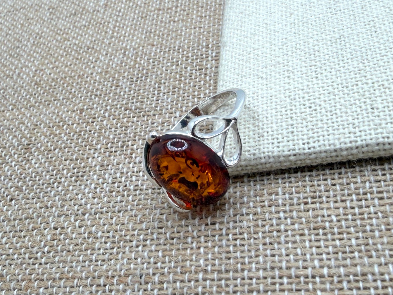 Genuine Baltic Amber Oval Cognac Ring in Sterling Silver