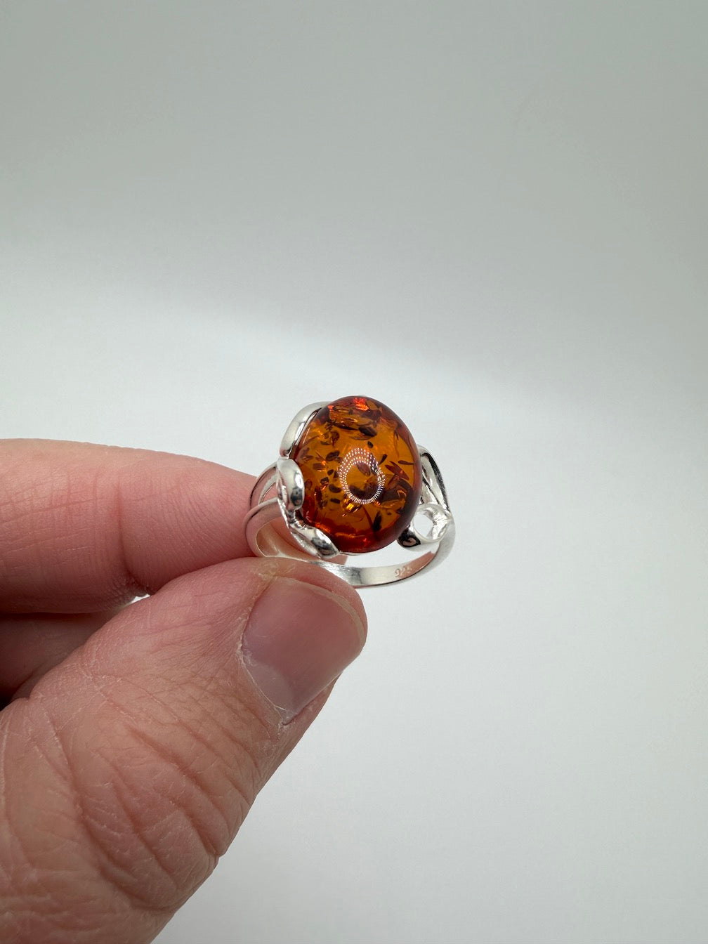 Genuine Baltic Amber Oval Cognac Ring in Sterling Silver