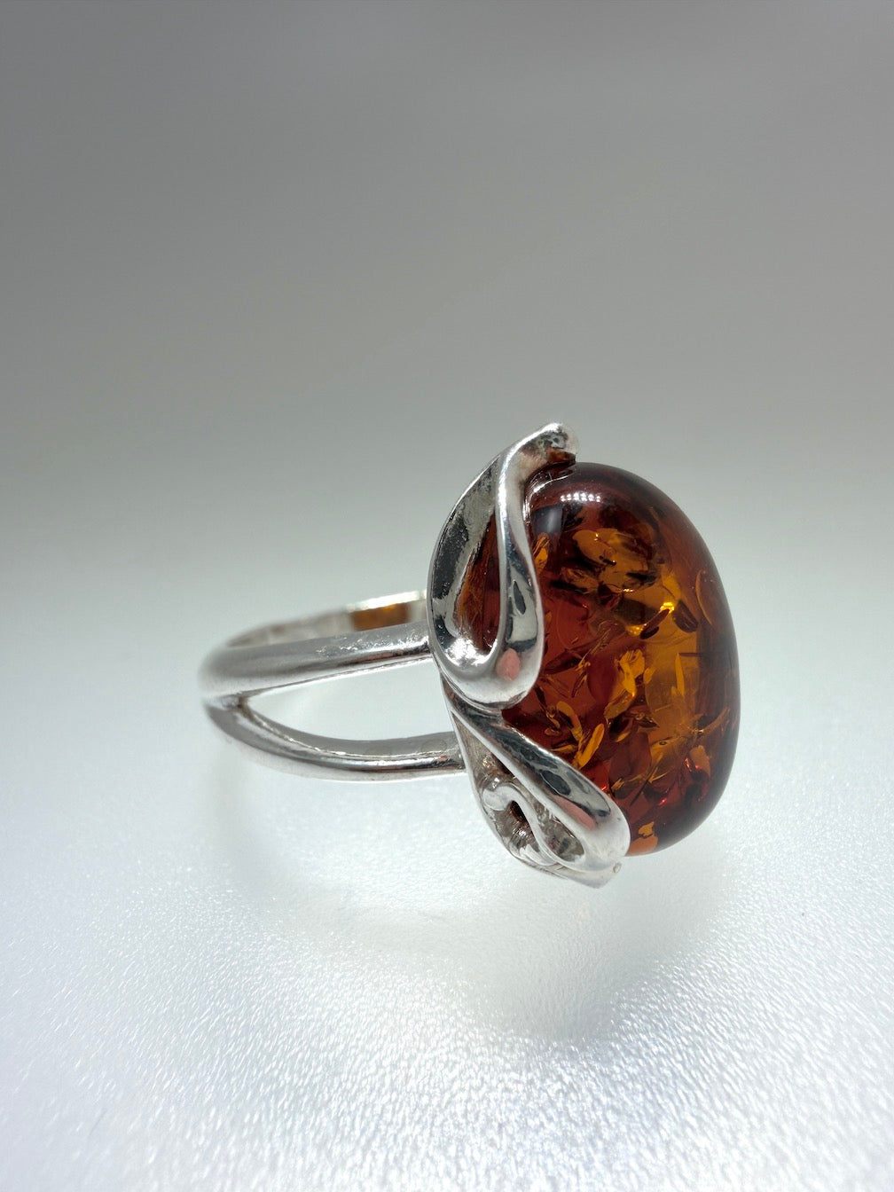 Genuine Baltic Amber Oval Cognac Ring in Sterling Silver