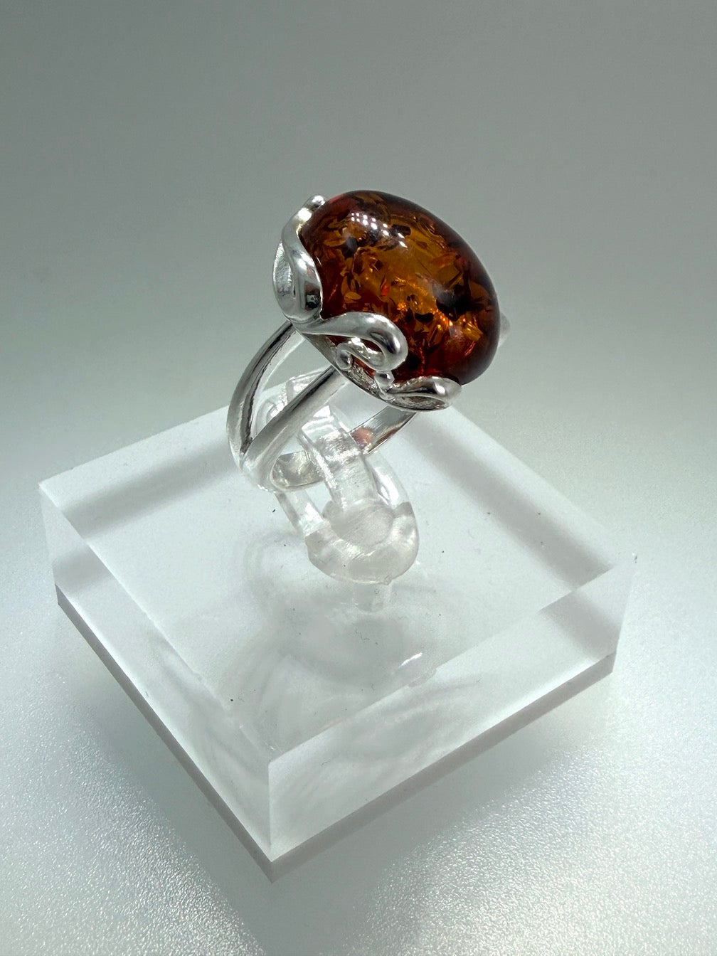 Genuine Baltic Amber Oval Cognac Ring in Sterling Silver