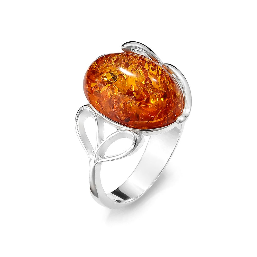 Genuine Baltic Amber Oval Cognac Ring in Sterling Silver