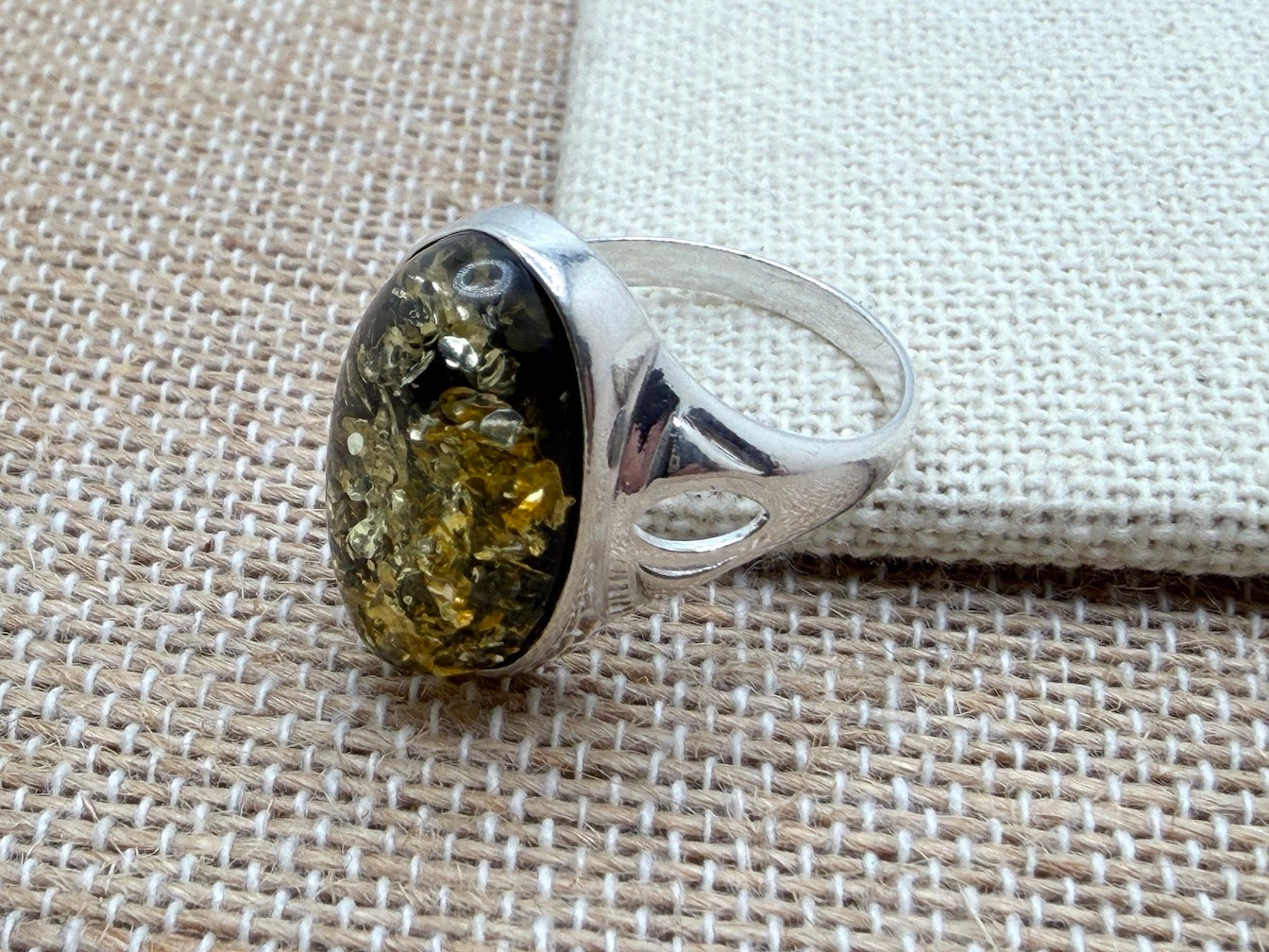 Genuine Baltic Amber Oval Green Ring Sterling Silver