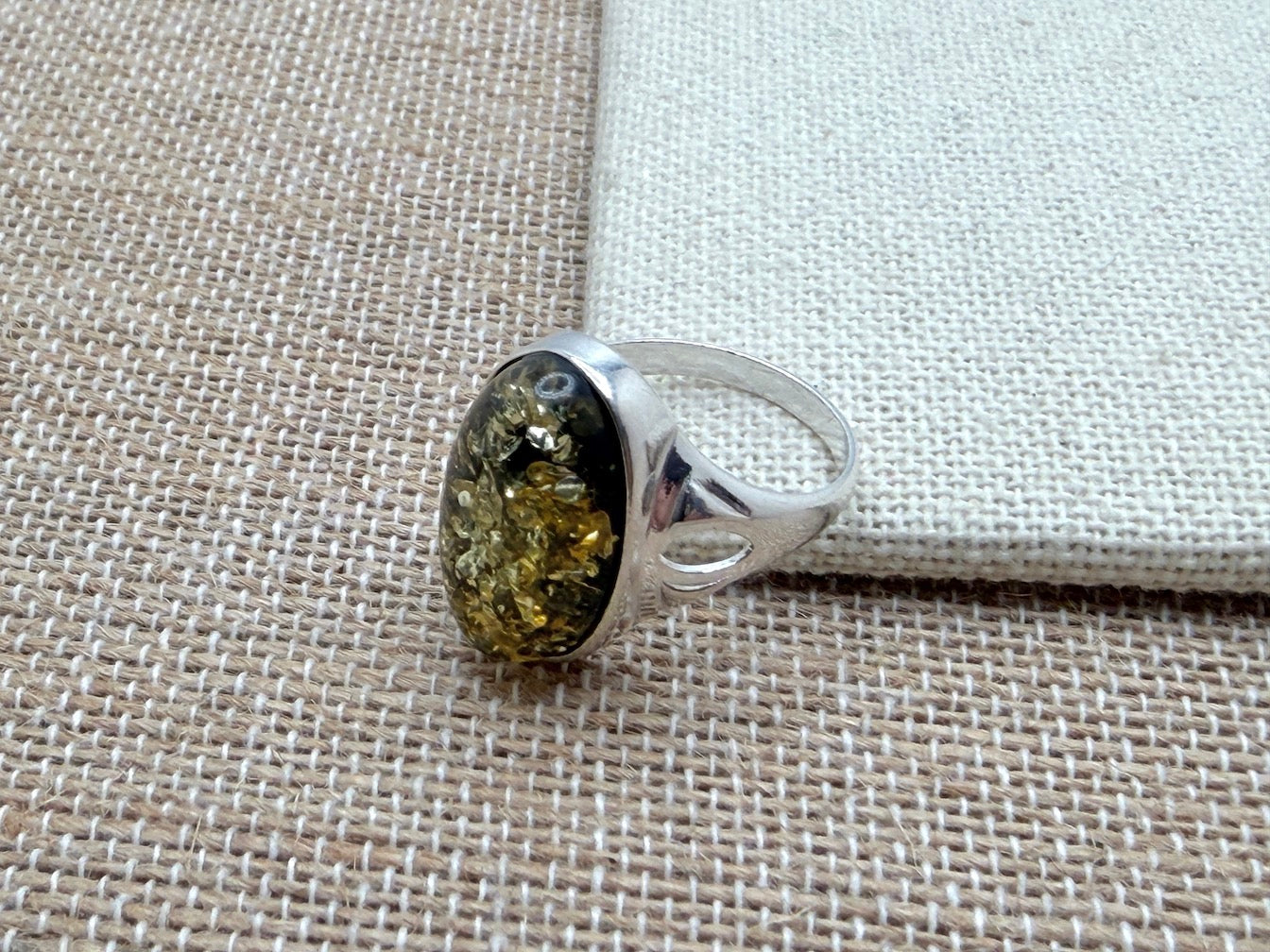 Genuine Baltic Amber Oval Green Ring Sterling Silver