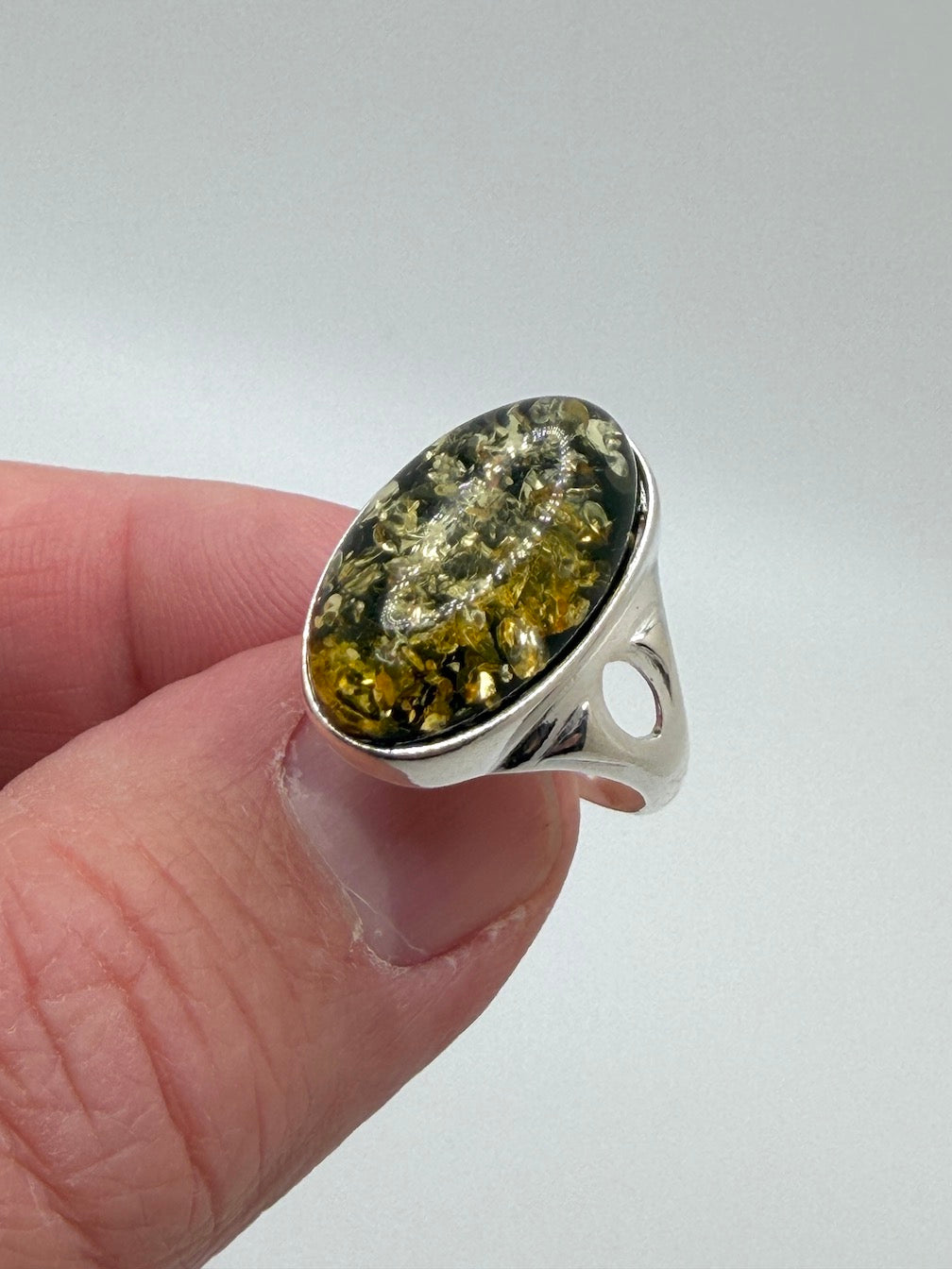 Genuine Baltic Amber Oval Green Ring Sterling Silver