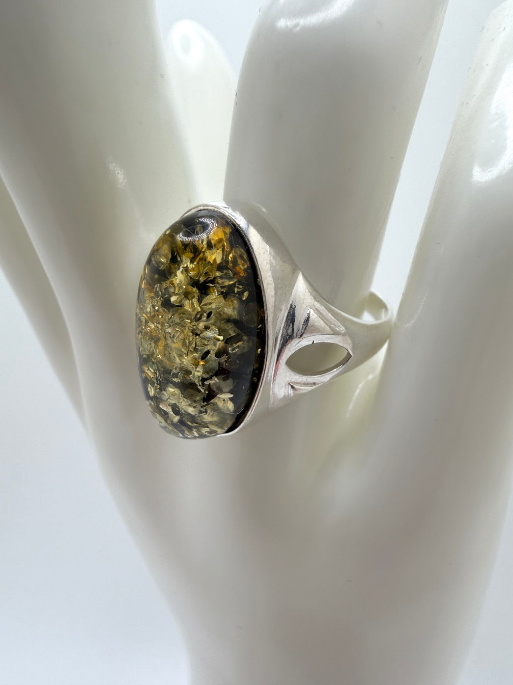Genuine Baltic Amber Oval Green Ring Sterling Silver