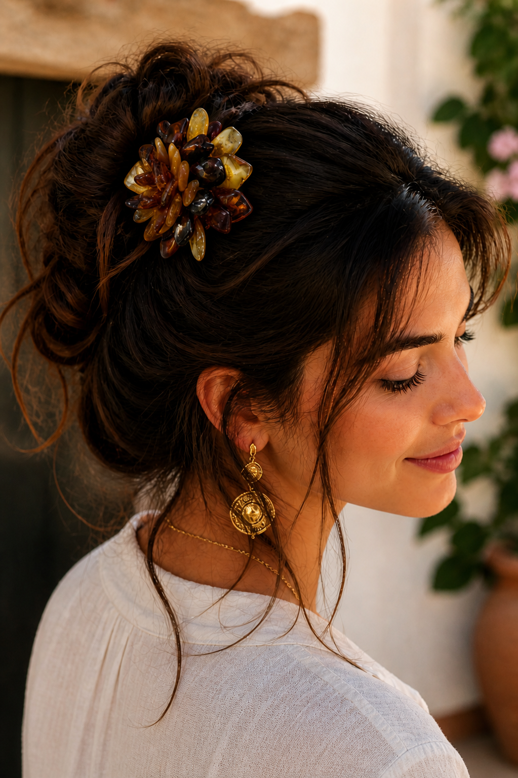 Genuine Baltic Amber Oversized Flower Bracelet / Hair Tie – Multicolor Lemon, Butterscotch, Honey & Cherry | Hand Woven Statement Piece | Convertible Jewelry