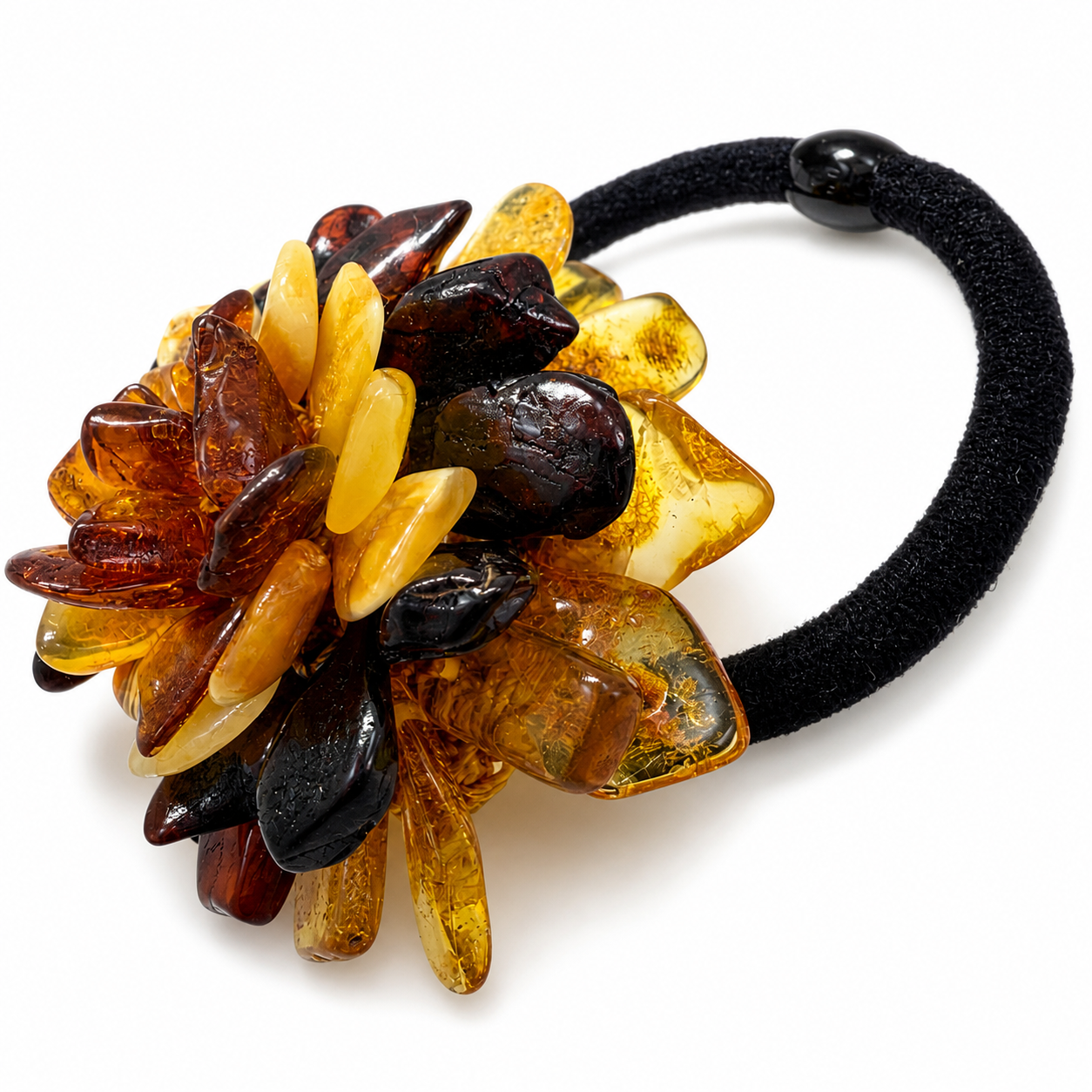 Genuine Baltic Amber Oversized Flower Bracelet / Hair Tie – Multicolor Lemon, Butterscotch, Honey & Cherry | Hand Woven Statement Piece | Convertible Jewelry