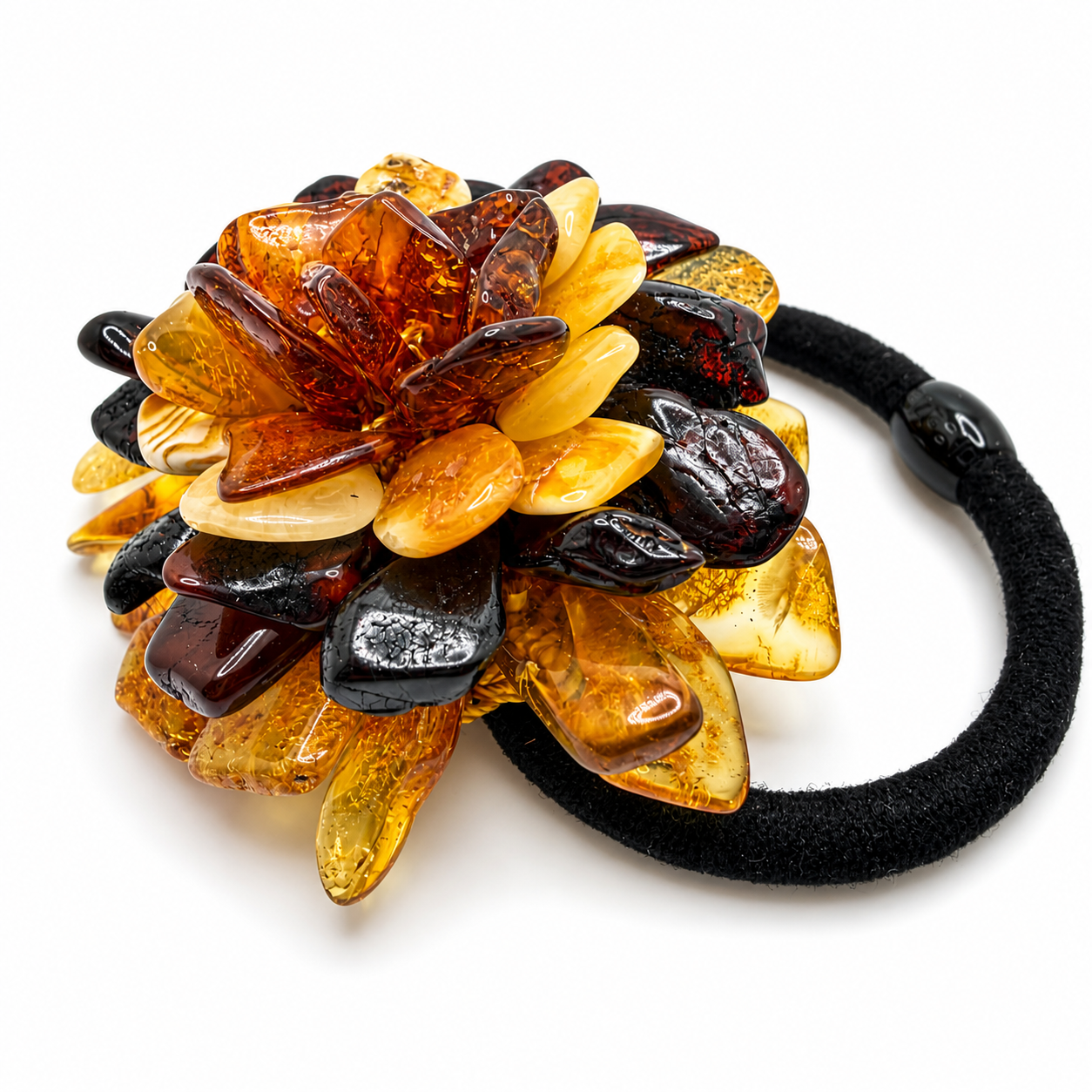 Genuine Baltic Amber Oversized Flower Bracelet / Hair Tie – Multicolor Lemon, Butterscotch, Honey & Cherry | Hand Woven Statement Piece | Convertible Jewelry