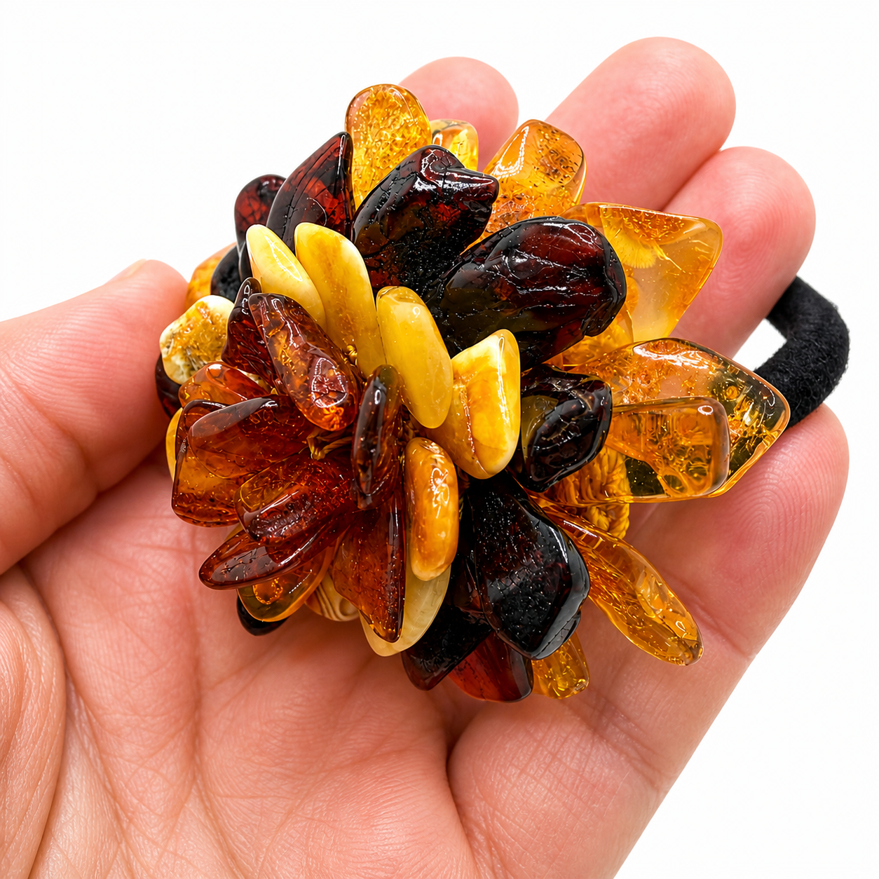 Genuine Baltic Amber Oversized Flower Bracelet / Hair Tie – Multicolor Lemon, Butterscotch, Honey & Cherry | Hand Woven Statement Piece | Convertible Jewelry