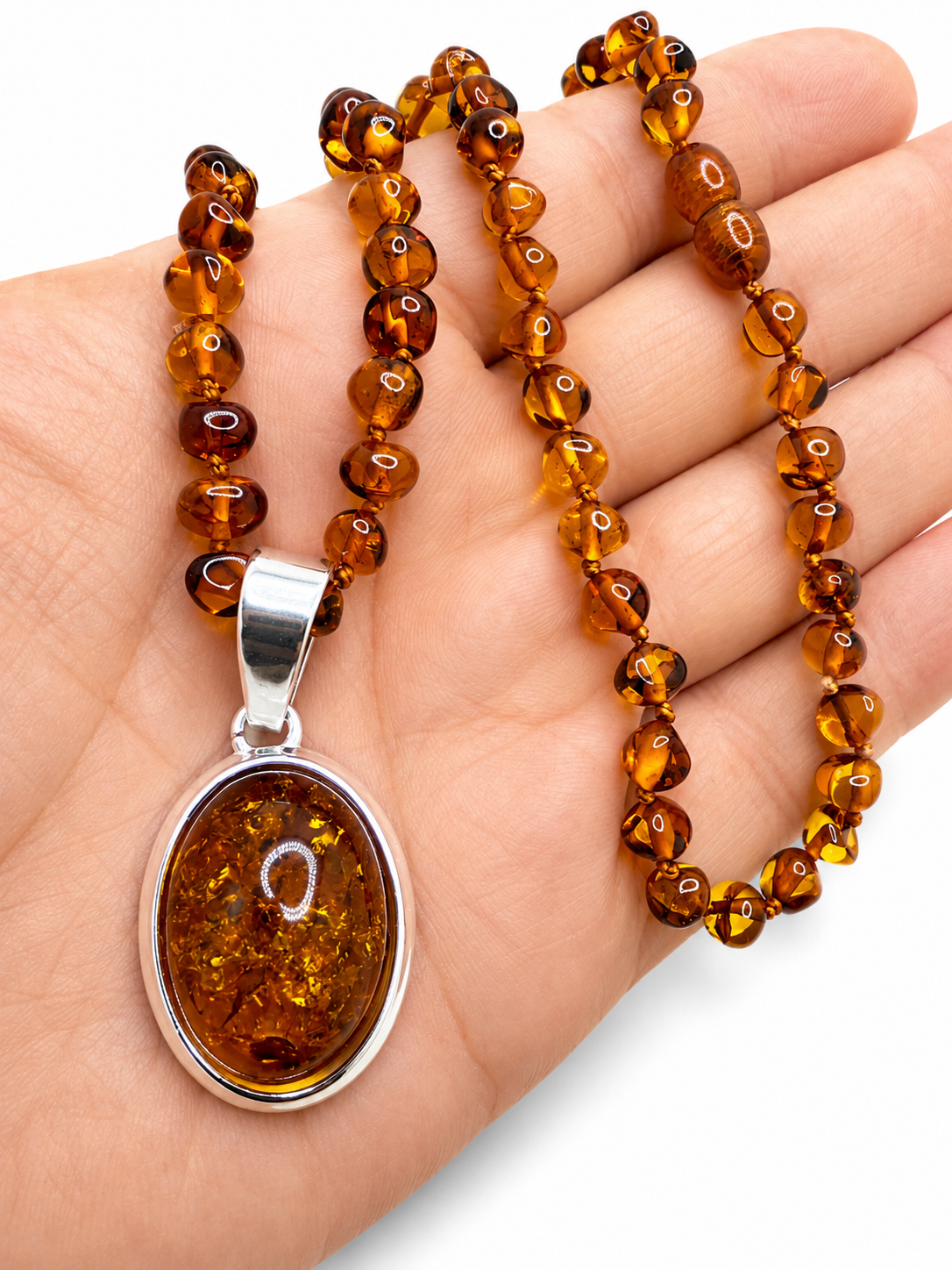 Genuine Baltic Amber Pendant Necklace – Sterling Silver Plated Brass