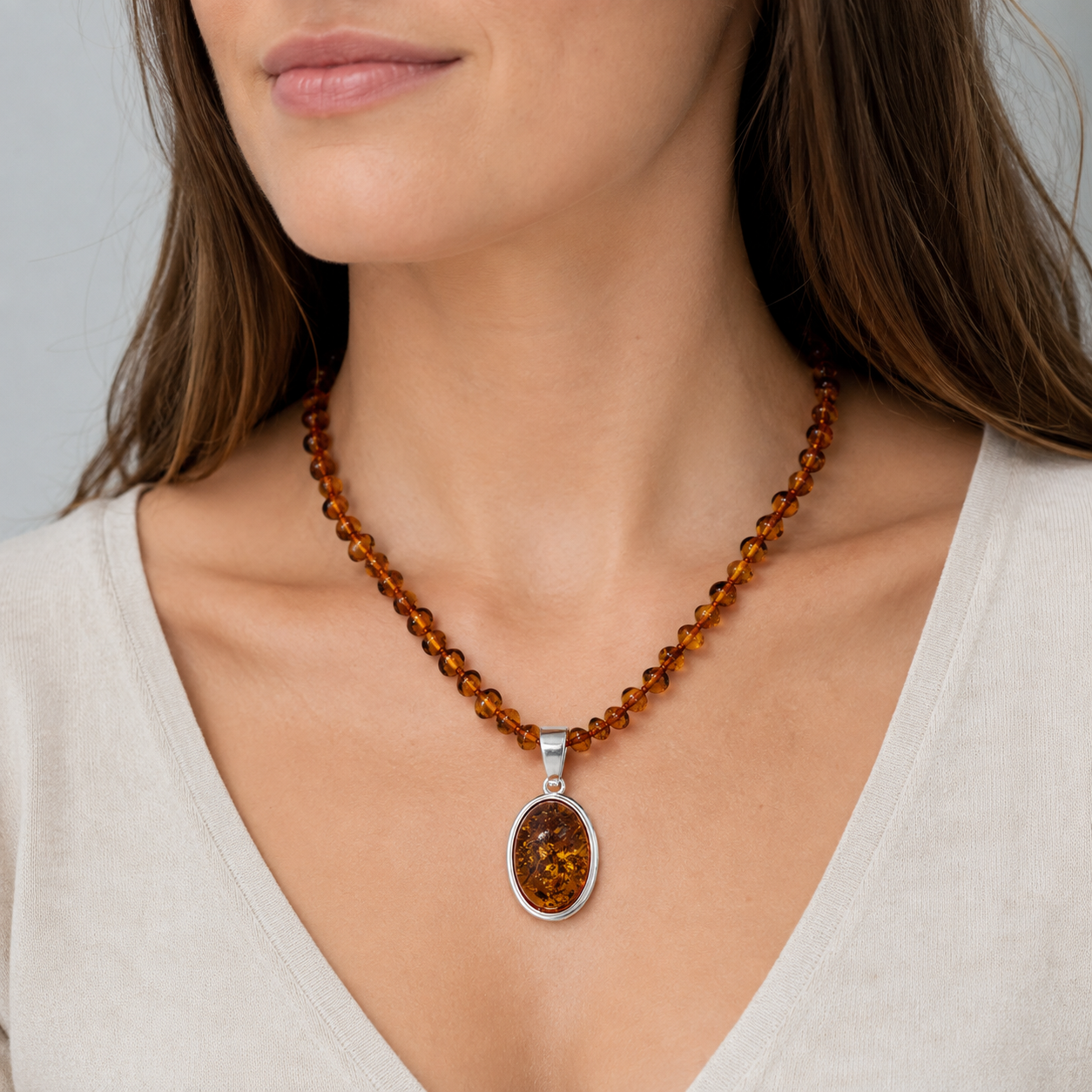 Genuine Baltic Amber Pendant Necklace – Sterling Silver Plated Brass
