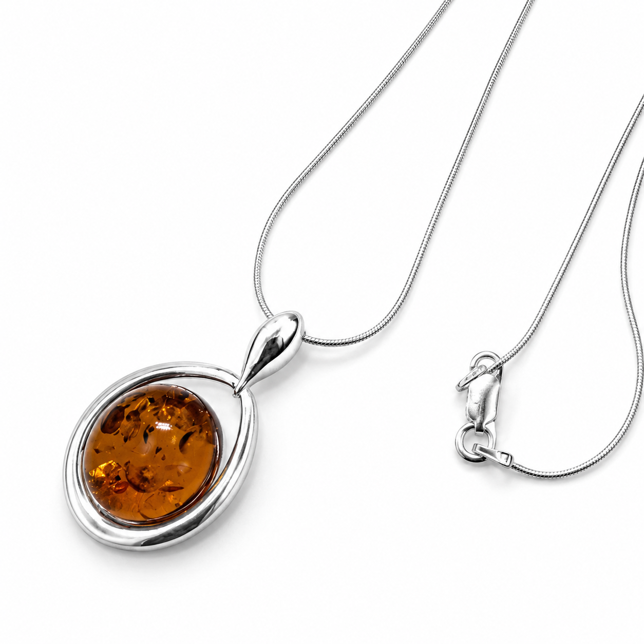 Genuine Baltic Amber Pendant & Earrings Set – Sterling Silver Amber Jewelry – Cognac Amber Necklace – Lever Back Earrings